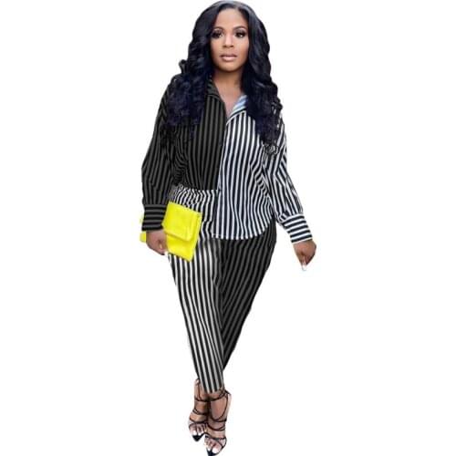 2 Piece Sets Womens Outfits Long Sleeve Button Up Striped Printed Blouse and Pants Set Business Casual Pant Suits 5xl Plus Size
