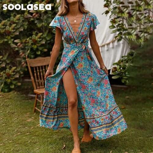 BOHO SOOLASEA 2020 Bohemian floral Print Ruffles Long Dress Faldas splice Beach Dress Vintage Women maxi Dresses Vestidos