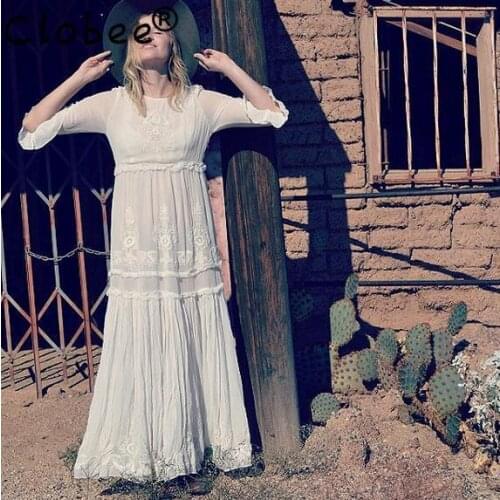 Boho 2020 Women Bohemian Vintage Ethnic Flower Embroidered Cotton Tunic Long White Maxi Dress Hippie Boho Asymmetric FJ180