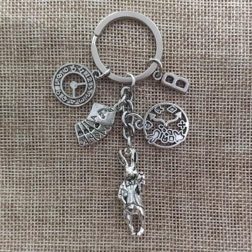 A-Z Letters Handmade Retro Silver Plated Alice in Wonderland Rabbit Bunny Clock Poker Style Keychain Key Ring Jewelry Gift