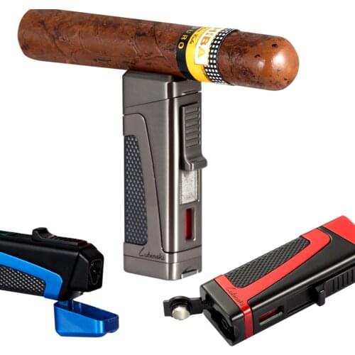 LUBINSKI Butane Cigar Lighter Torch Metal Windproof 3 Jet Lighters Cigar Holder Top Bulit- in Punch Functional Lighter