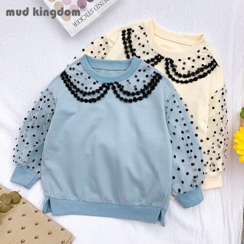 Mudkingdom Girls Sweatshirt Lace Dot Doll Collar Puff Long Sleeve Loose Solid Casual Tops for Kids Fashion Drop Shoulder Clothe