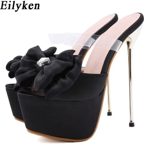 Eilyken Fashion Platform Butterfly-Knot Crystal Women Slippers Summer Peep Toe Thin High Heel Classics Slip On Sexy Party Shoes