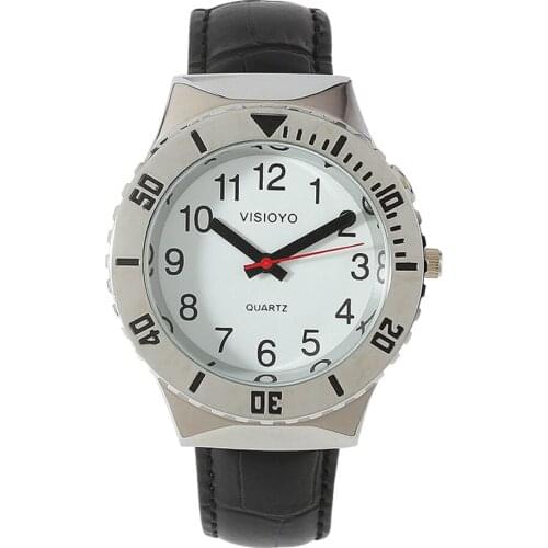 French Talking Watch with Alarm, Talking Date and Time, White Dial, Black Leather Band TFBW-1601