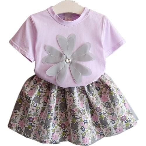 Kids Clothes Sets for Girls Suit Versatile Flower Short Sleeve T-shirt + Floral Skirt Two Piece Set 2-8 Ages Toddler Girl