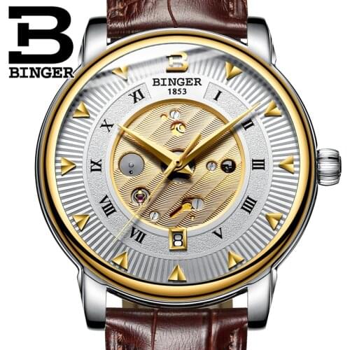 Fashion Mechanical Watch BINGER Top Brand Men Skeleton Automatic Watches relogio masculino Casual Leather Gold Clcok 2019