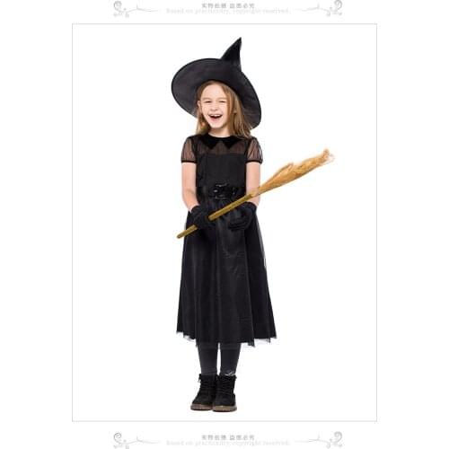 Mother And Child Evening Dress Witch Cosplay Black Outfit Girl Mesh Lace Dress Hat Gloves 3Pcs Set Halloween Cosplay Costumes