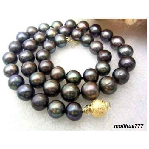 Genuine 9--10mm Black Pearl 18KGP Clasp Necklace