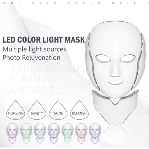 LED Facial Mask with Neck 7 Colors Beauty Instrument Photon Skin Rejuvenation Red Blue Light Therapy Wrinkle Tightens Whitening