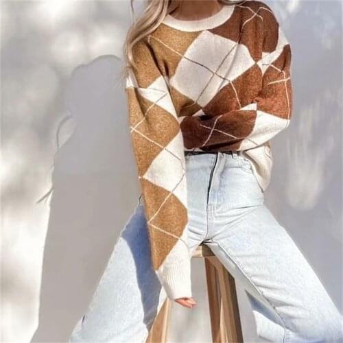 ZXQJ Women 2021 Fashion Check Color Contrast Loose Knit Sweater Vintage O- Neck Long Sleeve Female Waistcoat Chic Top