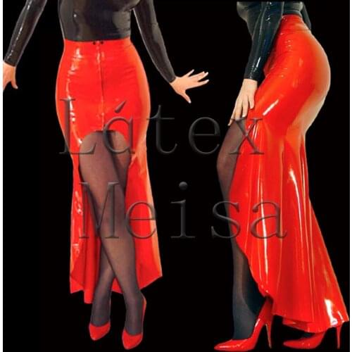 Womens trumpet design long latex skirt with front zip in red solid black color with 0.4mm thickness natural latex materials