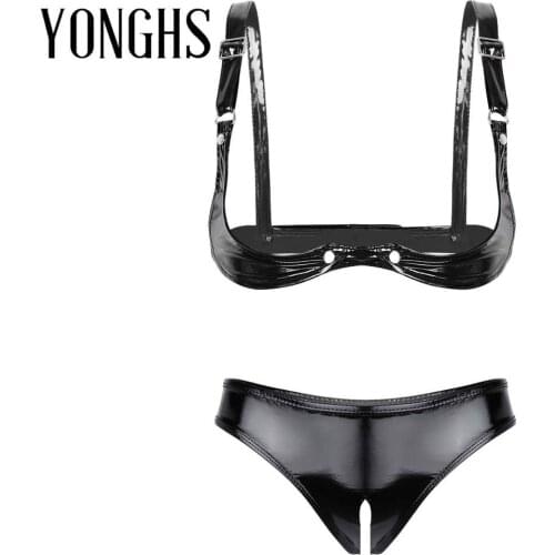Womens Sex Leather Lingerie Set Wet Look Sexy Suit Costume Open Cup Hot Bra Top with Open Crotch High Cut Mini Briefs Underwear