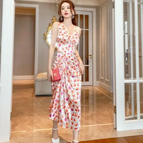 Fashion Summer Vintage V-Neck Sleeveless Satin Midi Party Dress Ladies Elegant Casual Sexy Print Drawstring Asymmetrical Dress