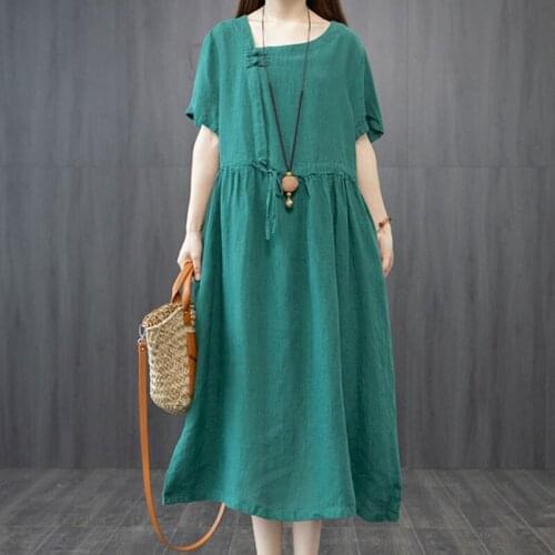 2021 New Arrival Short Sleeve Loose Summer Dress Cotton Linen Draw String Office Lady Work Dress Women Travel Casual Midi Dress