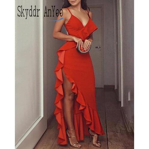 Summer Sexy Party Dresses For Women 2021 V-Neck Spaghetti Strap Maxi Long Dress High Slit Elegant Ruffles Femme Robe
