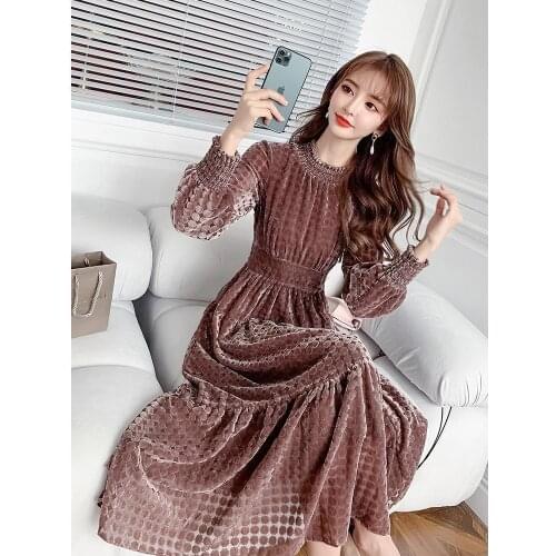 Women 2021 Spring Autumn Fashion Elegant Long Sleeve Velvet Dresses Female Vintage Casual Slim Dress Ladies Chic Vestidos F98