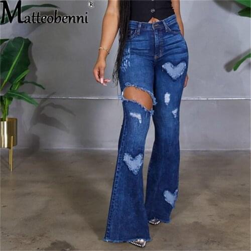 2021 Autumn Winter Sexy High Waist Love Print Jeans Flare Jeans Women Denim Ripped Skinny Jeans Ladies Wide Leg Pants Plus Size