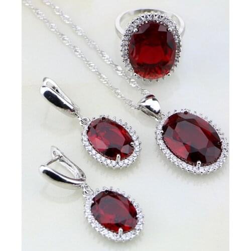 925 Silver Jewelry Round Red Garnet Zircon White CZ Jewelry Sets For Women Wedding Earring/Pendant/Necklace/Ring 3PCS