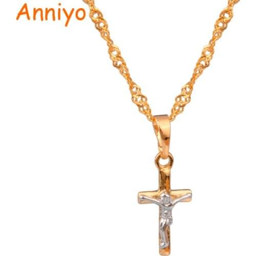 Anniyo MINI Two Tone Jesus Cross Pendant & Necklaces for Women/Girl Christian religion Charms Small Jewelry #061504