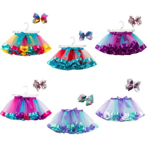 Kids Girls Layered Tulle Ballet Tutu Skirt Rainbow Mesh Princess Puffy Dress Up with Hair Bow Alligator Clip Birthday Party