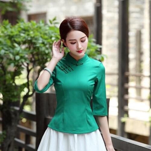 Elegant cheongsam womens shirt tops Chinese clothing casual Qipao women Chinese improved 7-point sleeve shirt women daily blouse