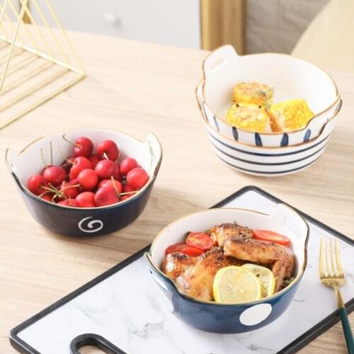 Creative tableware hand-painted ceramic binaural soup bowl household bowl fruit salad bowl baking bowl