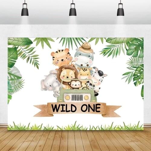 Laeacco Tropical Palms Leaves Wild One Safari Tiger Lion Elephant Monkey Giraffe Baby Birthday Party Photography Banckdrops