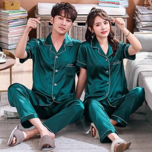 Summer Couple Rayon Short Sleeve Top Pants Sleepwear Silk Nightwear Women Men Pajamas Set Homewear
