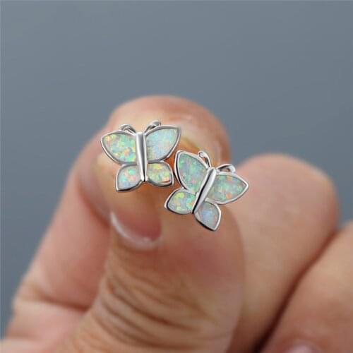 Cute Female White Opal Stud Earrings Classic Butterfly Small Animal Earrings Charm Silver Color Wedding Earrings For Women