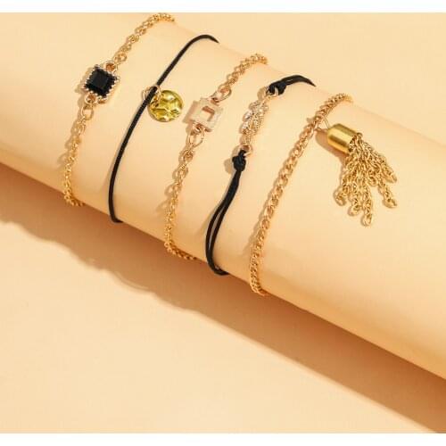5Pcs Metal Gold Black Color Crystal Punk Rock Bracelets for Women Multi Layer Chains Set Tassel Gift Fashion Jewelry Accessories