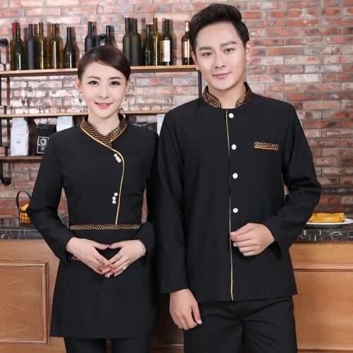 Hotel Work Clothing Spring and Autumn Long Sleeve Black Single Breasted Waiter Coat+Apron Set Restaurant Waitress Thick Uniforms