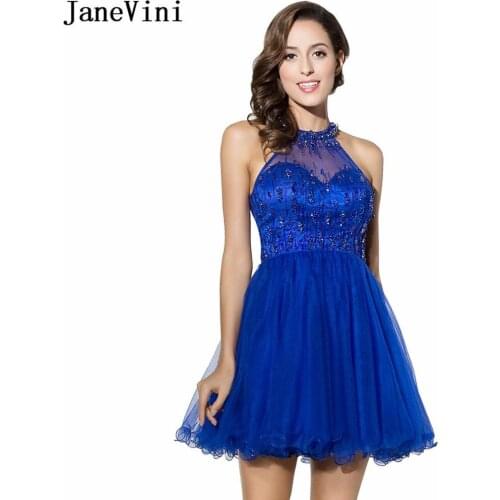 JaneVini Sexy Royal Blue Tulle Short Homecoming Dresses 2019 Halter Sleeveless Beaded Sheer Back A Line Mini Graduation Dresses
