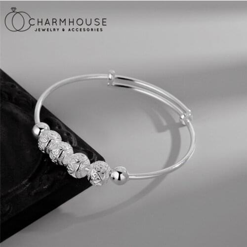 Silver Bangles For Women Lucky Beaded Charm Bracelet & Bangle Pulseira Femme Wristband Wedding Jewelry Accesories Party Gifts