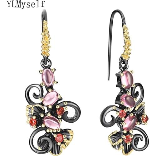 Vintage Hook Dangle Earrings With Multi Blue/Fuchsia Zircon 2 tone plated Jewellery Pretty Flower Jewelry For Wife