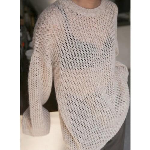 Eyelet Crochet Knitted Tops See Through Wool Blended Crew Neck Pullovers Loose Fitted