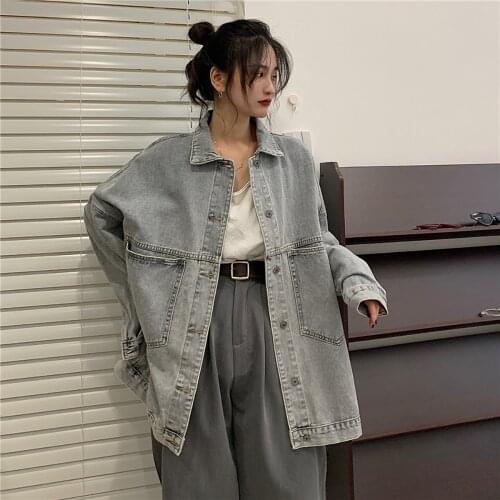 Fashion Women Denim Jackets Retro Chic Long Sleeve Jean Coat Tops Korean Style Ladies Casual Oversized Loose Jacket Outerwear