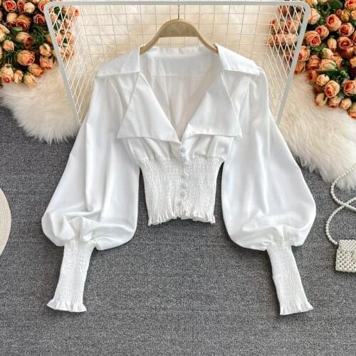 Spring And Autumn Single-Breasted Sexy V-Neck Shirt Lantern Long Sleeve Slim Solid Color Fashion Casual Women Short Blouse