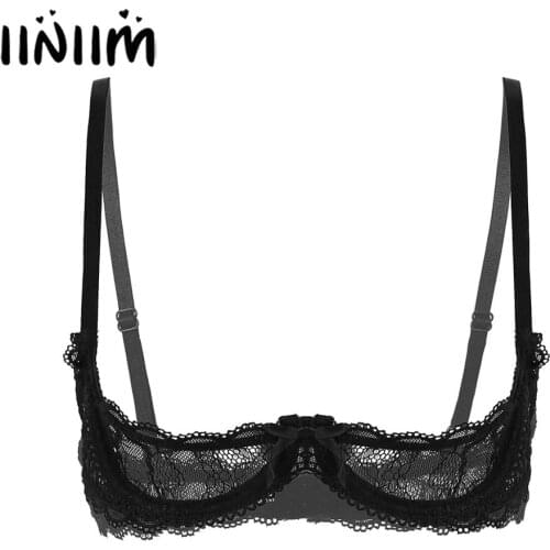 Womens Femme Fantasias See Through Lace Lingerie Bras Crop Top Straps 1/4 Cups Push Up Underwire Bra Tops for Sissy Underwear