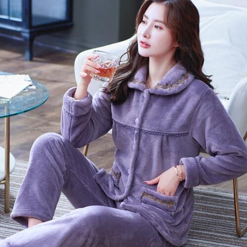 Winter Women Pajamas Set Sleepwear Warm Flannel Women Pyjamas Sets Thick Coral Velvet Long Sleeve Sleepwear Nightgown Suit