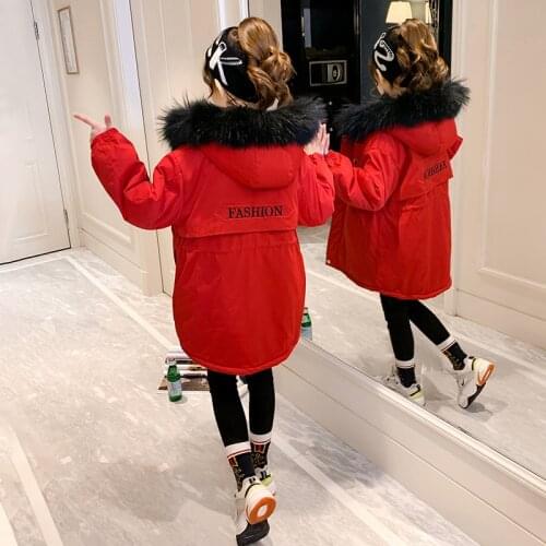 Long Girl Thick And Velvet Cotton Jacket Red Black Green Snow Quilted Jacket Winter Warm Zipper Hooded Cotton Jacket 4-14 Years