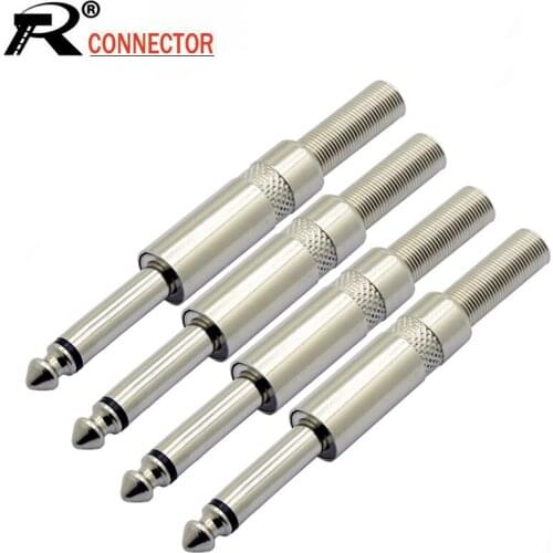 10pcs/lot 6.35mm 2 Poles Mono Male Audio Plug Cable Wire Connector 1/4 Inch Mono Jack With Spring Microphone Connector