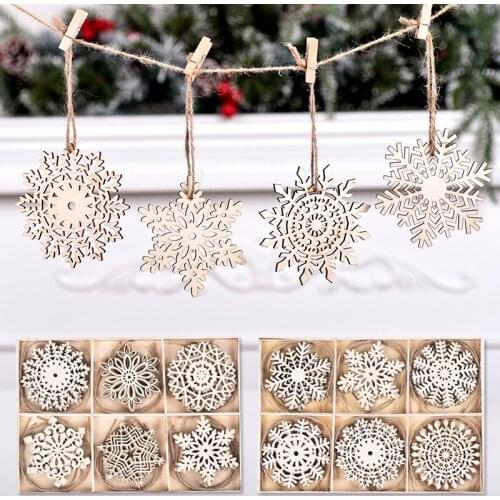 24pcs/Set Christmas Decorations For Home Wooden Pendants Hollow Snowflake DIY Craft Xmas Tree Ornament Party New Year Decor