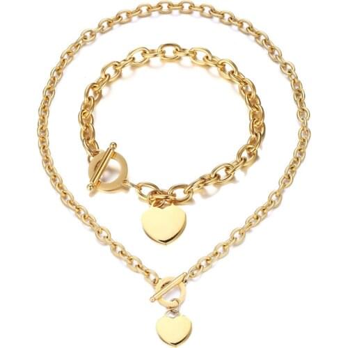 316L Stainless Steel T-shaped Buckle Heart Necklace Bracelet Jewelry Set O-chain Titanium Steel Bracelet Necklace No Fade