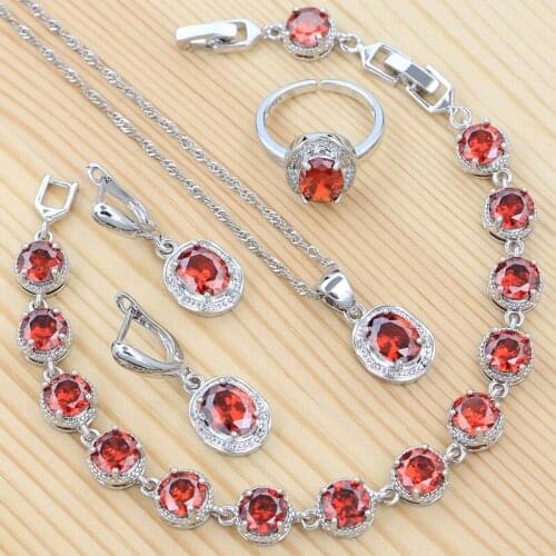 925 Sterling Silver Bridal Jewelry Set for Women Adjustable Ring Egg Earring Pendant Chain Garnet Bracelet Anniversary Gift