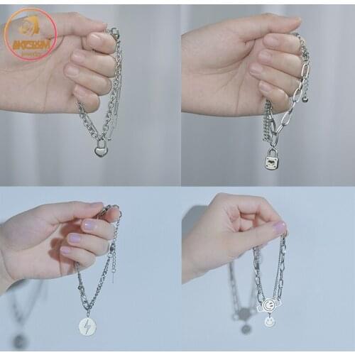 Akizoom Vintage Heart Lock Bracelet Set Stainless Steel Color for Women Korean Charm Unisex Wrist Birthday Party Jewelry Gift