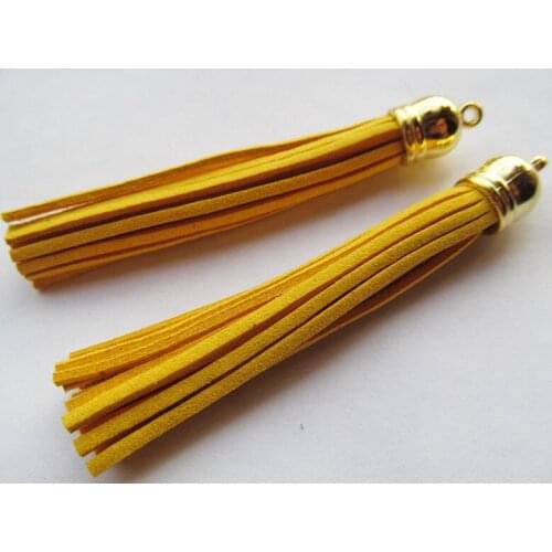 Free Shipping 100Pcs 90mm Ginger Yellow Suede Leather Jewelry Tassel For Key Chains/ Cellphone Charms Top Plated End Caps Cord