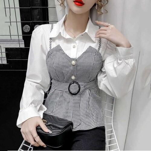 Women Elegant Korean Turn Down Collar Shirts Ladies Slim Fake Two Piece Lace Up Striped Patchwork Blouses 2021 New Spring Autumn