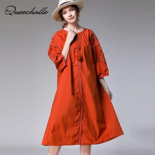 3/4 Sleeve Elegant Dress Women 2021 Spring Fashion Tassel Ties Cotton Long Dress A-line Party Dresses Yellow Orange White Black