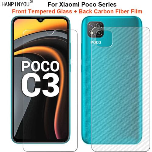 For Xiaomi Poco C3 / M3 1 Set = Soft Back Carbon Fiber Film + Ultra Thin Tempered Glass Front Screen Protector