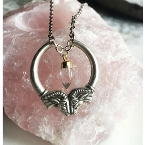 Double Ram Head Necklace with Clear Quartz Spike Wiccan Jewelry Amulet Necklace Amulet Jewelry Witches Witchcraft
